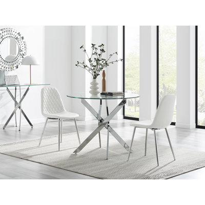 Tierra Modern Chrome Metal & Glass Round Dining Table Set with 2 Luxury Faux Leather Chairs