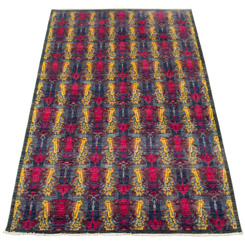 Tapis décoratif en laine de conception unique en laine noué à la main bleu marine/rouge foncé/jaune 6 pi x 9 pi 9 po Brufsky New Age Lahore