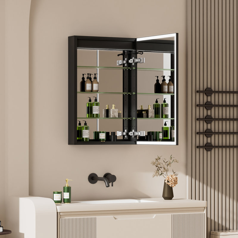 30'' H Recessed Or Surface Wall Mounted LED Mirror Cabinet With Mirror And Adjustable Shelves,Black Frame, Right