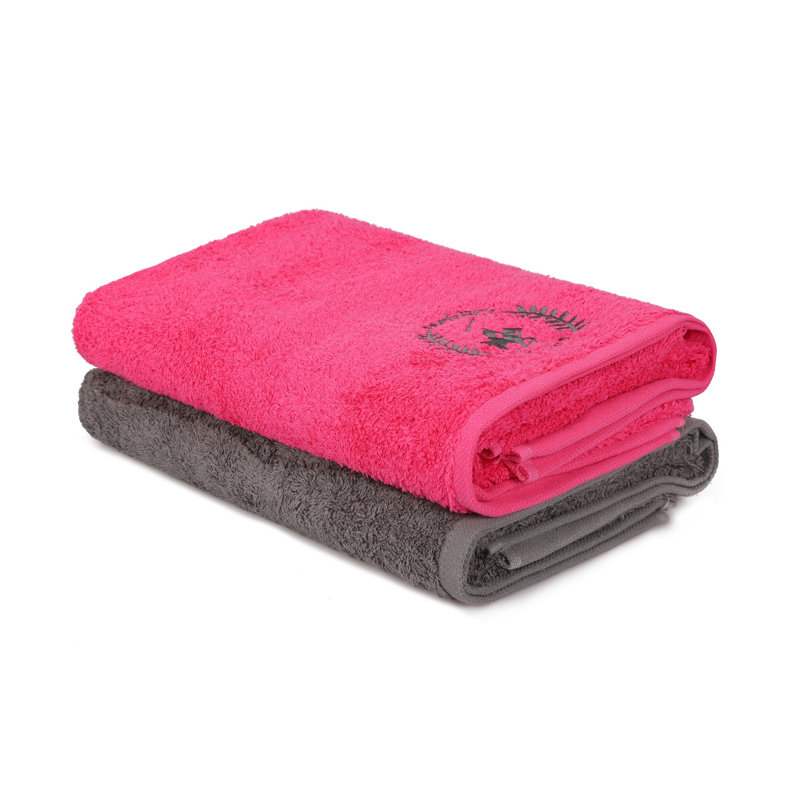 Ensemble de 2 serviettes de bain 100% coton, Gris foncé / fuchsia