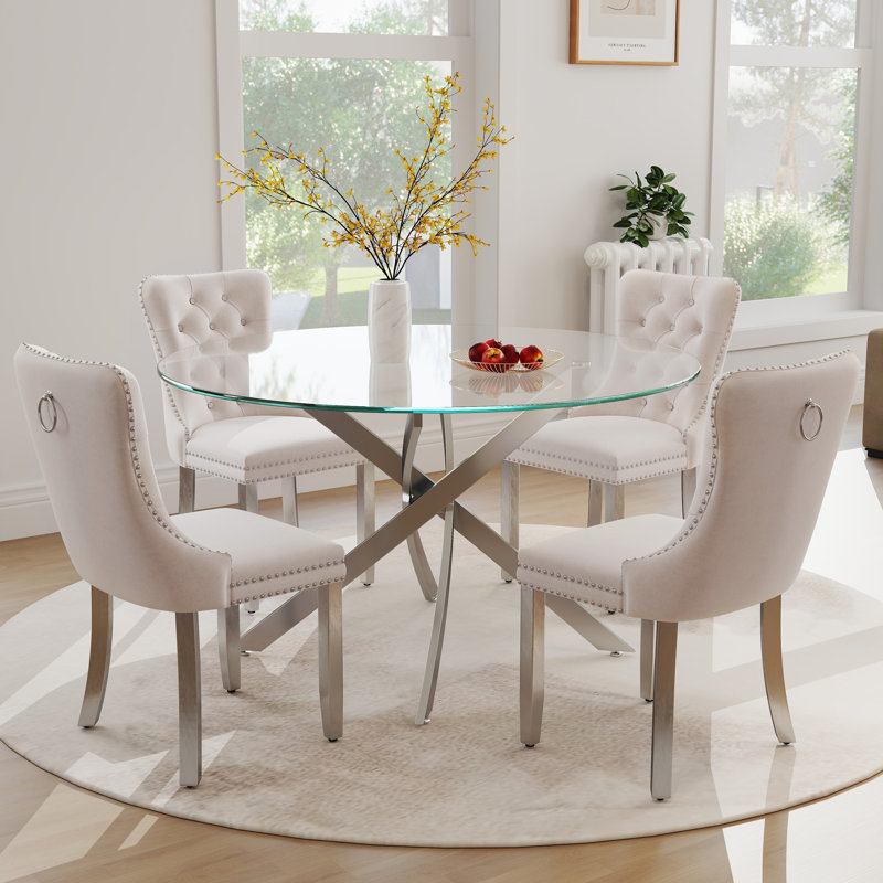 Keyari 4 - Person Pedestal Dining Set, 29.5"H x 47"L x 47"W, Beige, Silver