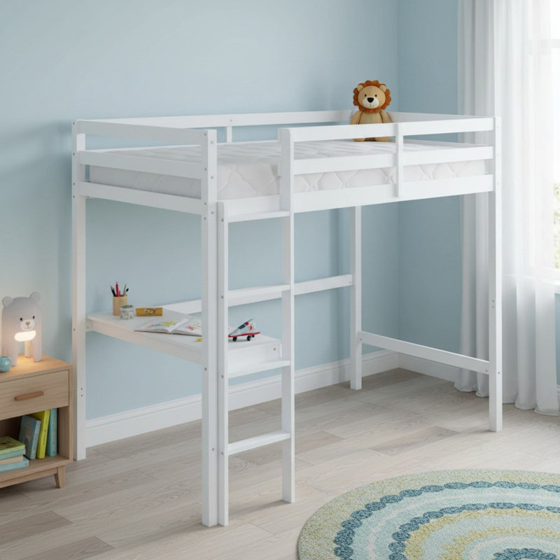 Lit mezzanine en bois massif avec barrière de sécurité, bureau intégré pour garçons et filles, Blanc