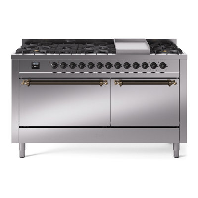 Cuisinière à double combustible de 60 po avec 9 brûleurs scellés et plaque chauffante (porte vitrée) ILVE Nostalgie II Series
