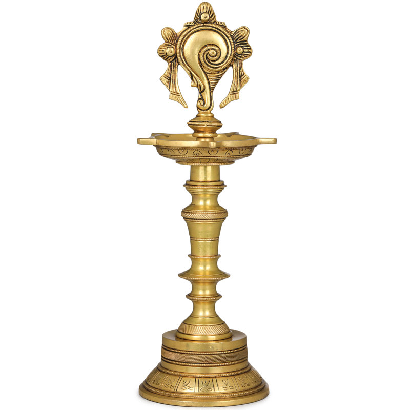Lampe conque en laiton faite à la main de 12 pouces - Panchajanya Shankha Diya, décor rituel de pureté Divine pour Puja, salle de méditation ou cadeau