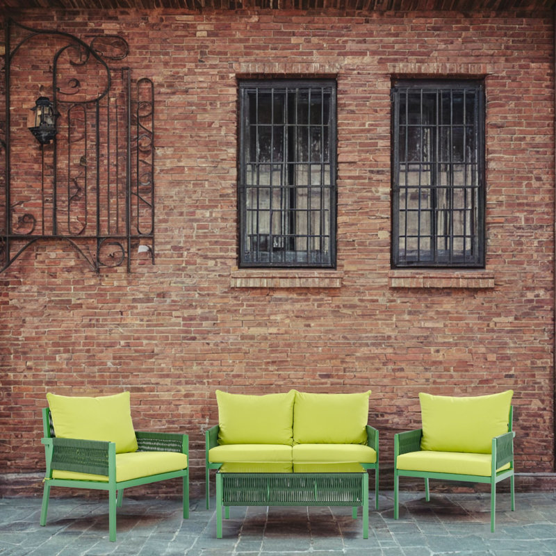 Ensemble de conversation d'extérieur pour 4 personnes avec coussins Yvetta, Jaune fluo, Vert