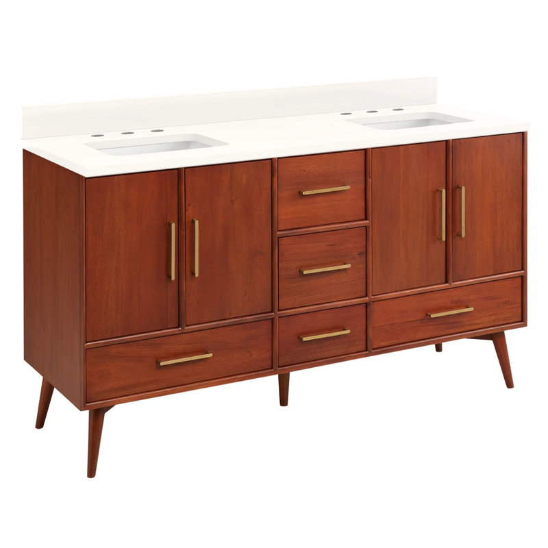 60" Novak Double Bathroom Vanity Set with Rectangular Undermount Sinks, 8" Widespread, Natural Teak, Arctic White Quartz