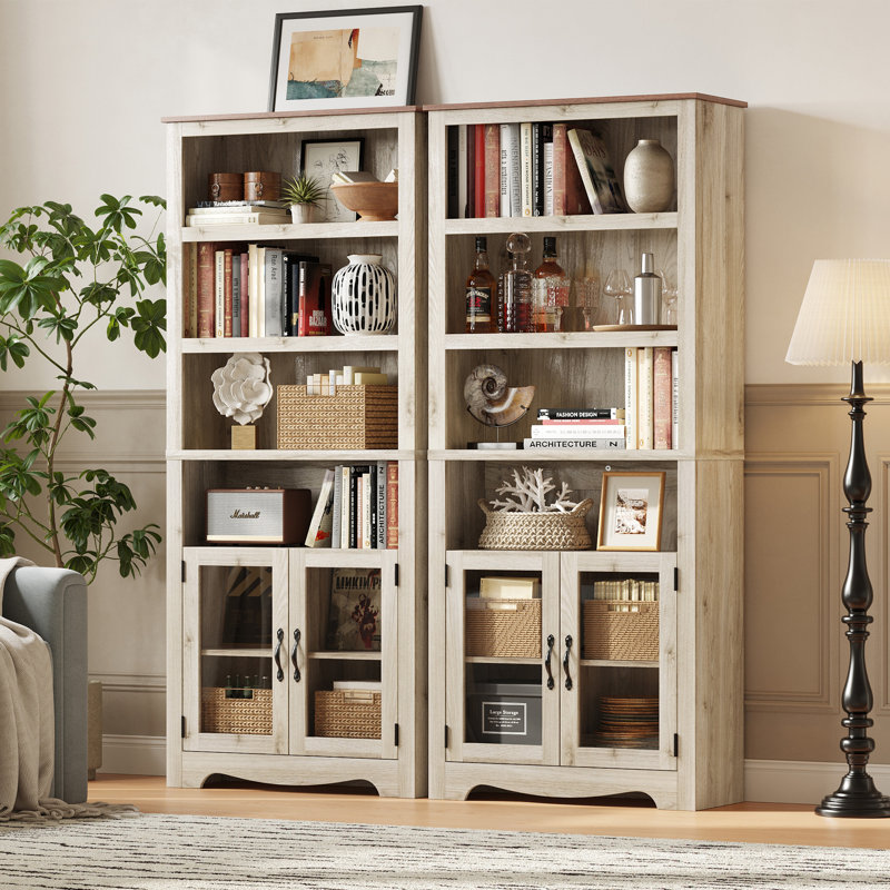 Kistner 72" Tall Bookcase With Tempered Glass Doors, 6 Shelf Large Storage Cabinet, Washed Grey
