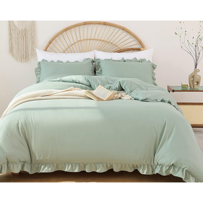 The Set Ruffle Comforter with 1 Pillowcase Soft Twin Size, Sage Green, Twin Comforter + 2 Pillowcases