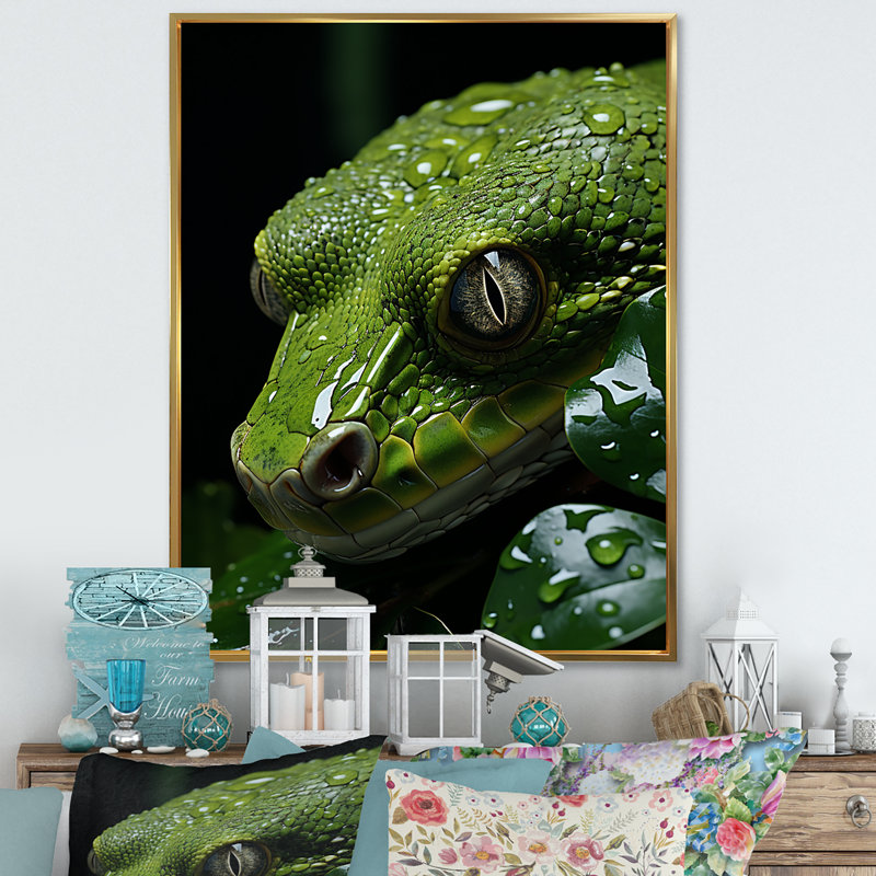 Serpent émeraude enroulé sur toile, Cadre flottant doré, H 40 po x l 30 po x P 1,5 po