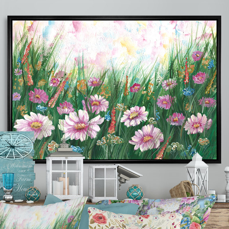 " Blooming Pink Flower Field ", 8" H x 12" W x 1" D, Black Floater Framed