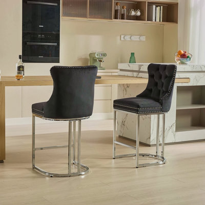 25" Counter Height Bar Stools Set Of 2, Modern Velvet Barstools With Button Back&Rivet Trim Upholstered Kitchen Island Chairs With Sturdy Chromed Metal Base Legs Farmhouse Bar Stools, (2 Pack)