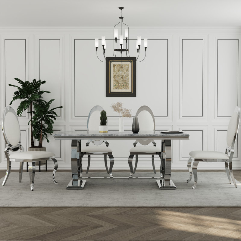 Ensemble de table de salle à manger de luxe 5 pièces avec 4 chaises en cuir, Argent, Argent, Argent