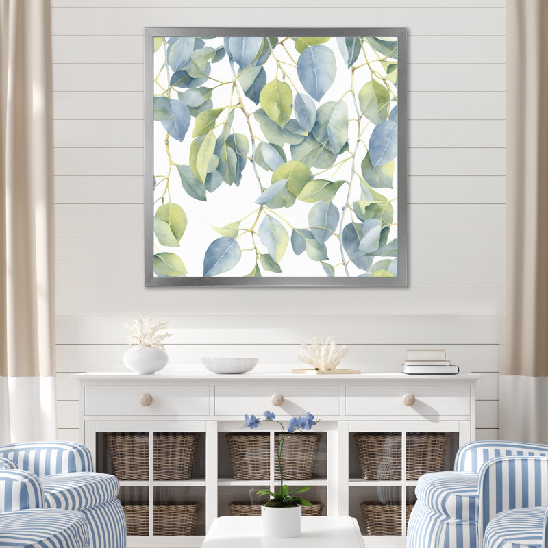 «White Green Minimalisme Eucalyptus Essence II», reproduction sur toile, Cadre photo argenté, H 30 po x l 30 po x P 1 po