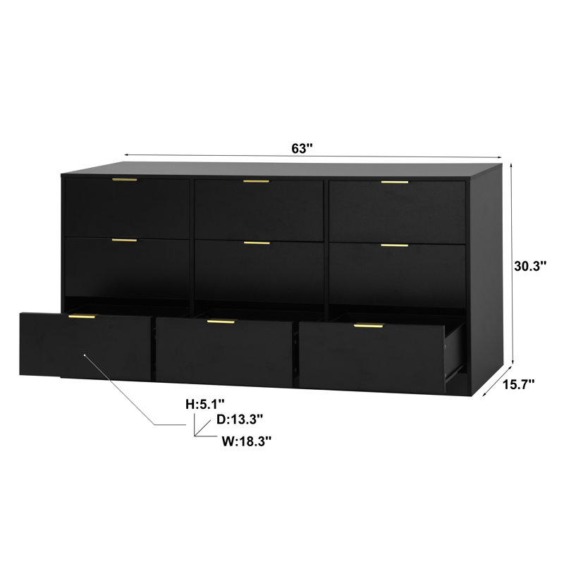 Commode moderne avec 9 tiroirs, 63 po de large espace de rangement pour la chambre à coucher et le couloir, Noir