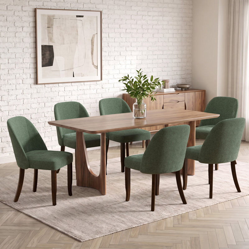 Chaise de salle à manger Bason de style milieu du siècle en chenille, sans accoudoirs, avec pieds en bois courbés (ensemble de 6)