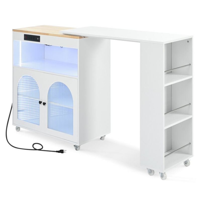 White Rolling Kitchen Island with Extended Dining Table, Mobile Kitchen Cart with Power Outlets, LED Lights & Fluted Glass Doors