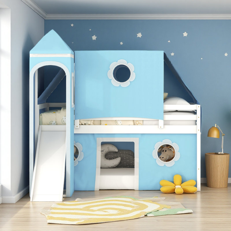 Lit mezzanine simple avec tente et tour coulissante, Bleu, Lit simple