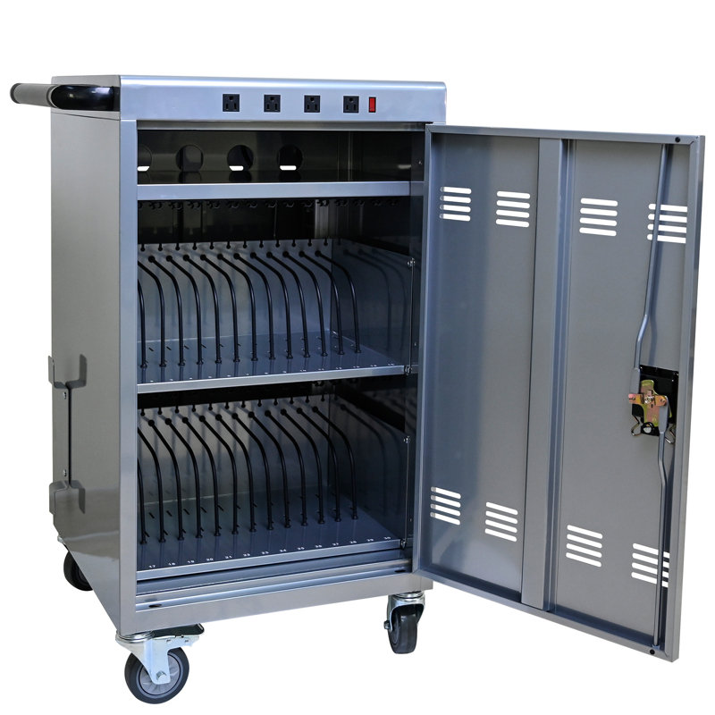 Silver Tablet Laptop Charging Cart Cabinet - 35 Quick Charge, Secure, Rustproof Mobile For Tablets & Laptops Holder Fast Safe Lock, Steel