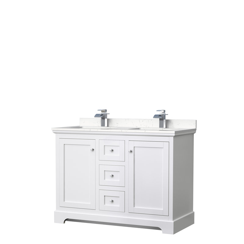 Ensemble de meuble-lavabo double 48 po Avery, Marbre de culture de Carrare veiné clair, Blanc, Chrome poli