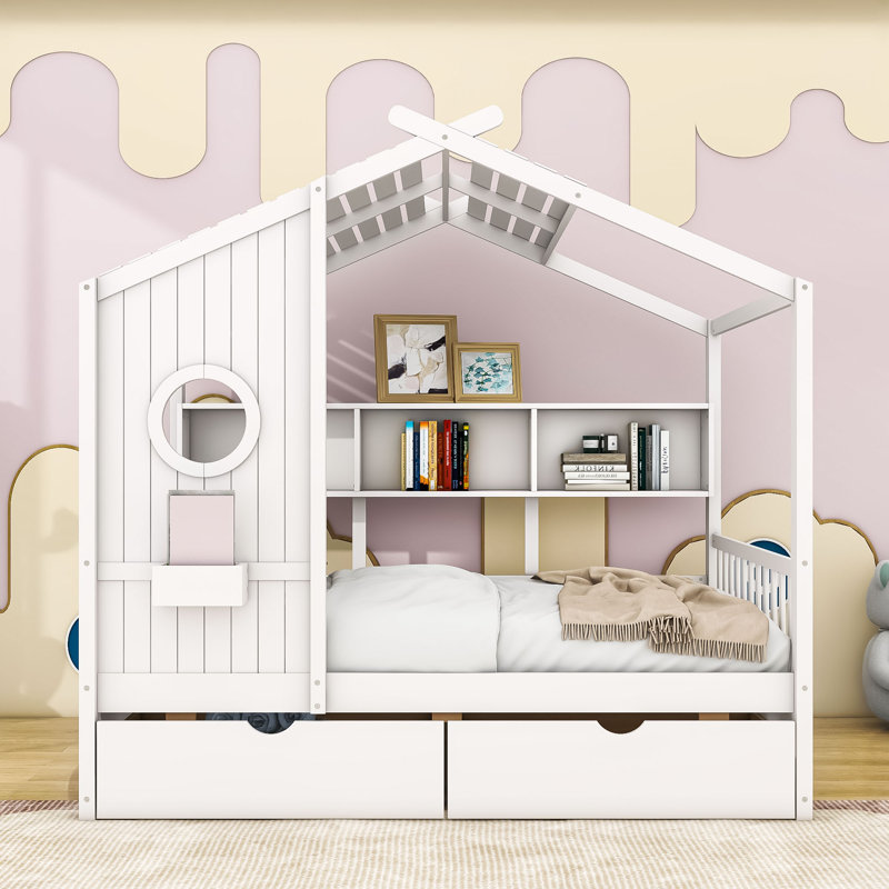 Bitner Two Drawers House Wooden Daybed with Shelves, White, Full 