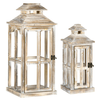 HOMCOM Set of 2 Rustic Wooden Lanterns, 28" and 20" Natural Fir Wood Candle Holders for Indoor and Covered Outdoor Decor