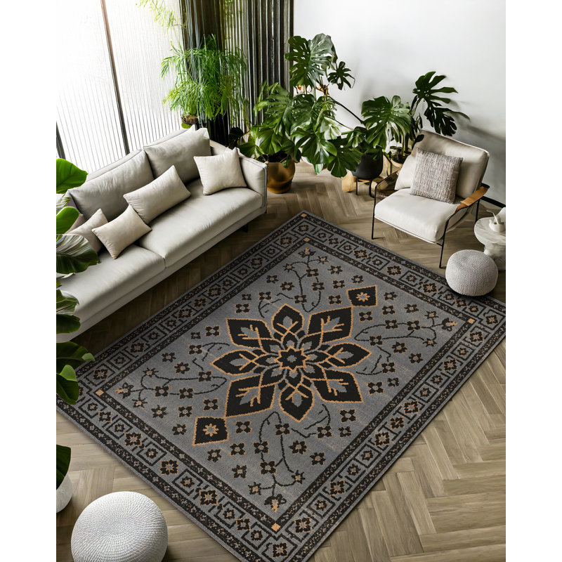 Gretell Collection Digital Print Cotton-Polyester Gray Floral Rug, Runner 3'4" x 10'6"