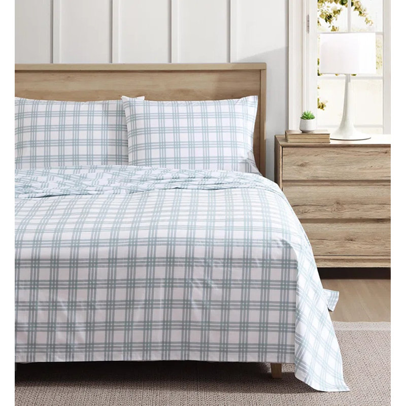 Shasta Lake Cotton Percale Standard Sheet Set, King Sheet Set with 2 Pillowcases, Basic Plaid Green
