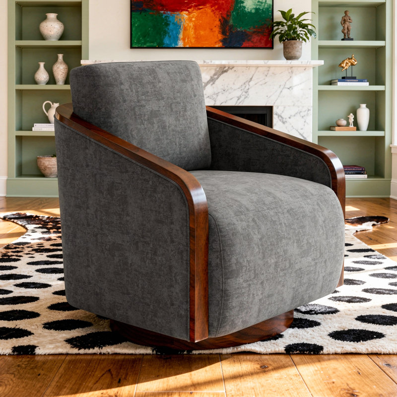 Upholstered Farmhouse Edging Swivel Barrel Chair With Toss Pillows, Dark Gray
