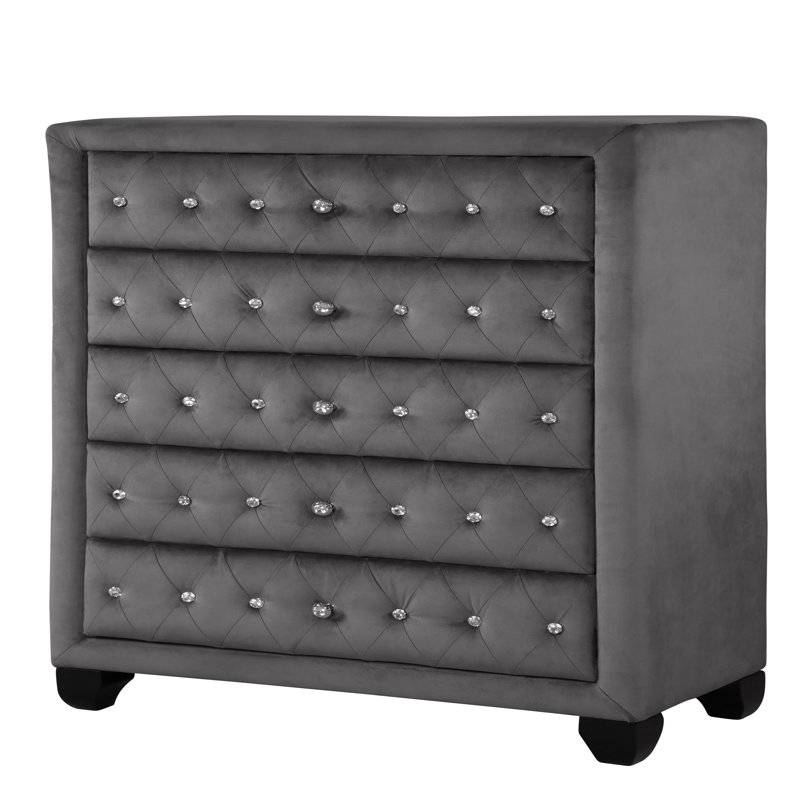Commode à 5 tiroirs capitonnée en cristal de style moderne avec finition en bois, Gris