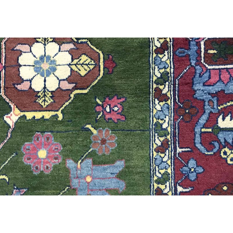 Hand-Knotted High-Quality Green and Wine Area Rug