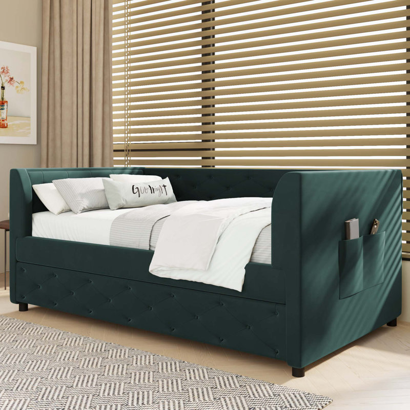 Lit de jour simple rembourré en velours capitonné avec couchette, Vert