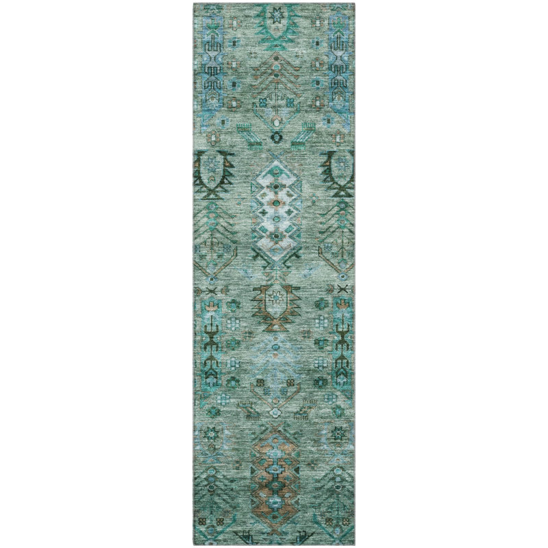Premium Machine Washable Mayfield AMF2047 Global Rug, 2'3" x 7'6" Runner, Green