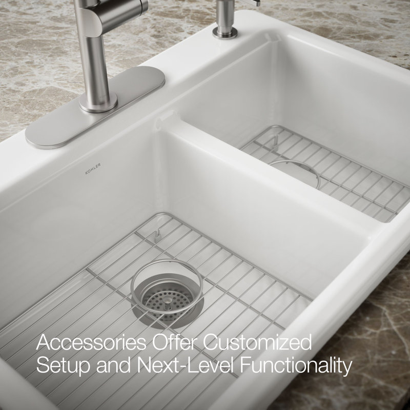 Riverby 33 In. Top-Mount Double-Bowl Kitchen Sink, 4 hole, White, Large/medium bowls