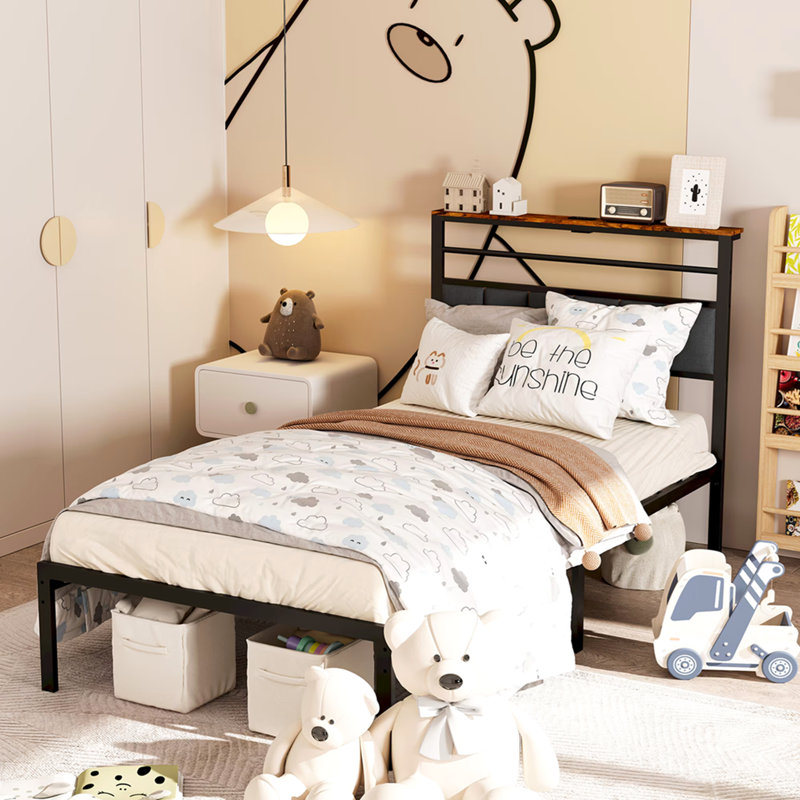 Structure de lit simple avec tête de lit et tablette de rangement, lit en métal, lits rembourrés en bois avec station de charge, cadres robustes pour les meubles de chambre à coucher, aucun sommier nécessaire, noir
