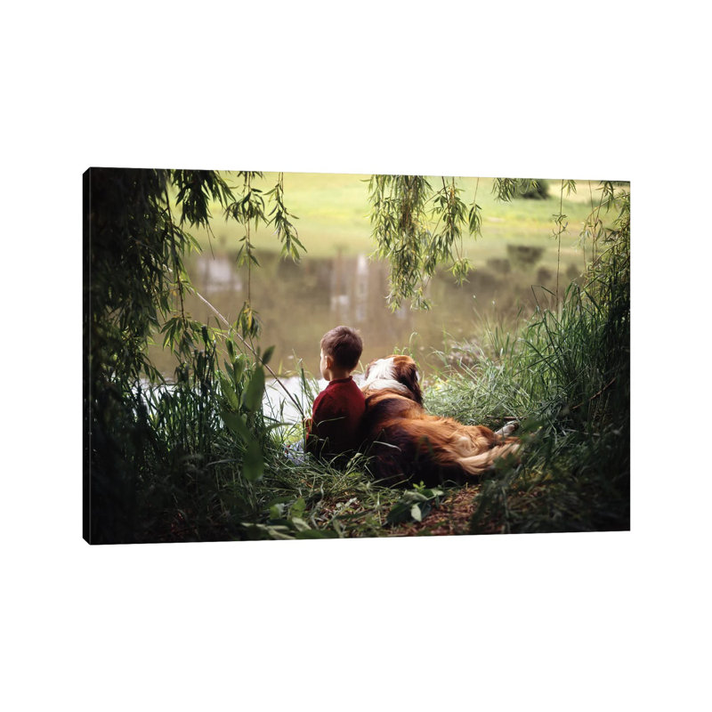 1960s-1970s Boy Fishing With His Dog By His Side - Wrapped Canvas Print, 101.6 cm H x 66.04 cm W