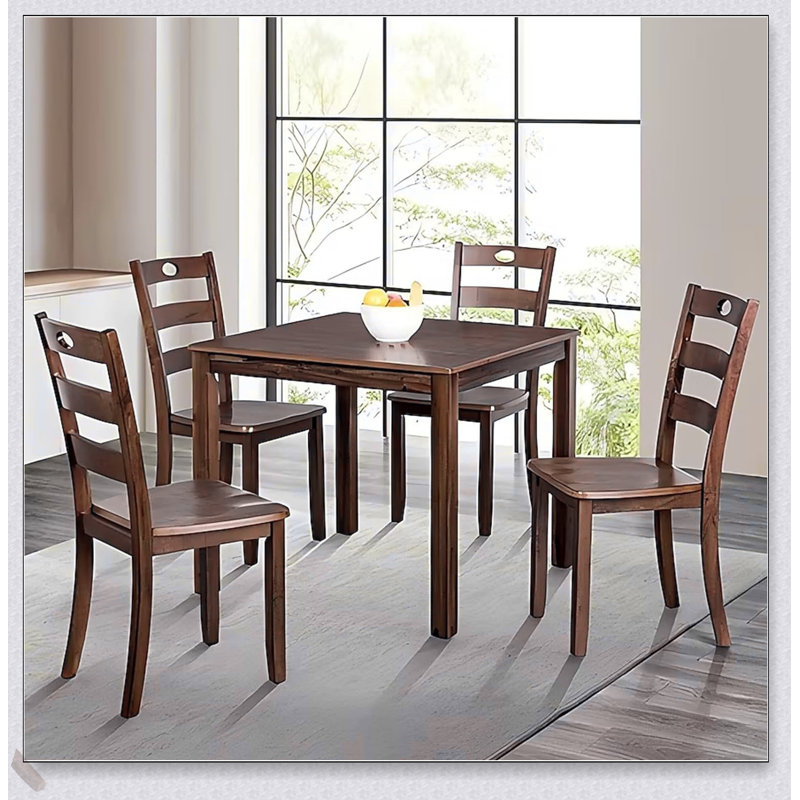 Ensemble de salle à manger de style transitionnel 5 pièces avec table carrée et chaises à dossier en lattes au fini noyer chaud pour une salle à manger élégante