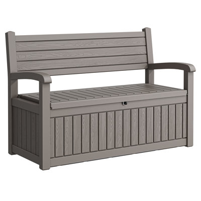 Banc de rangement extérieur - Coffre de terrasse en résine de 80 gallons avec compartiment verrouillable, siège à texture de bois résistant aux intempéries pour patio et jardin