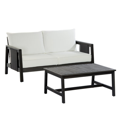 2 Piece Sofa Set With Cushions Outdoor Loveseat & Coffee Table Set – Acacia Wood Frame With Black Textilene, Water-Repellent White Cushions For Patio/Backyard/Deck