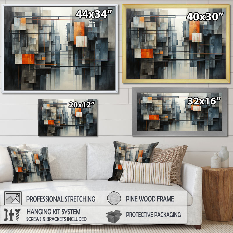 Impression sur toile, "Hardedge Art Urban Geometric I", H 16 po x l 32 po x P 1 po, Cadre simple noir