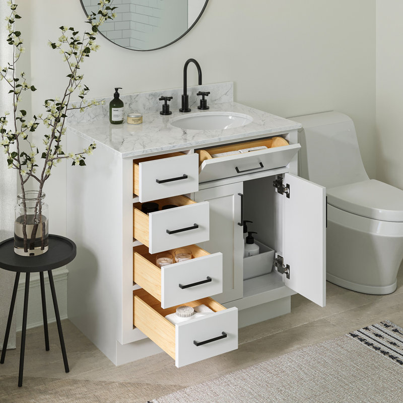 Meuble-lavabo simple Jameal de 36 po en bois massif avec comptoir en marbre de Carrare de 0,75 po et lavabo ovale dÃ©calÃ© Ã  droite