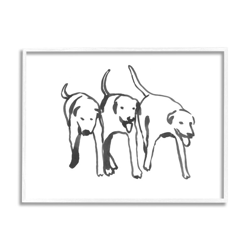 Trio de chiens avec contour noir et blanc, Giclée encadrée blanc bord de mer, H 16 po x l 20 po