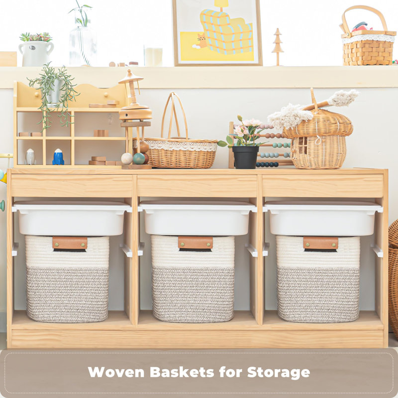 Paniers de rangement 11 pouces, paniers tissés pour l'organisation, 3 cubes de rangement pour tablettes, garde-robe, chambre de bébé avec poignées amovibles en cuir, blanc et brun mélangé