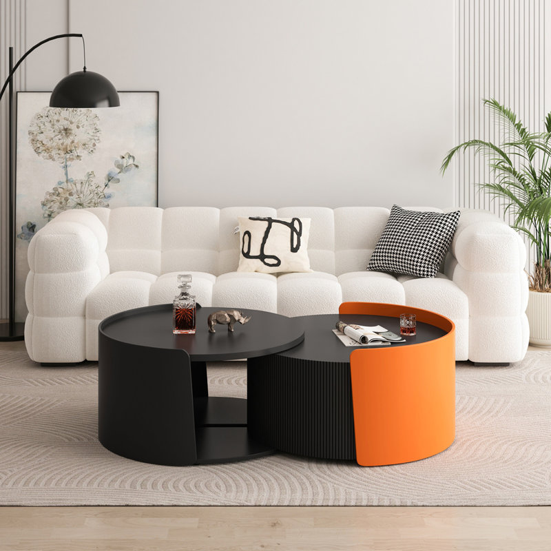 2 Pieces Round Nesting Tables and End Tables, Black/Orange, Black