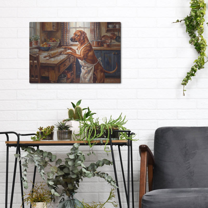  «Rhodesian Ridgeback In The Kitchen» par Rich Monet, art mural en métal, 16 po x 12 po, H 12 po x l 16 po