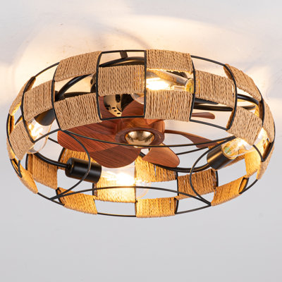 Rustic Rope Ceiling Fan with E26 Bulb Sockets – Remote & Smartphone App Controlled, Adjustable Speed, Modern Farmhouse Design