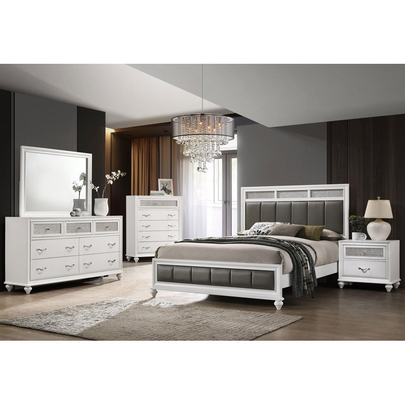 Ensemble de chambre à coucher, Grand lit, Blanc / Gris, Ensemble de 4 pièces : lit, table de chevet, comm