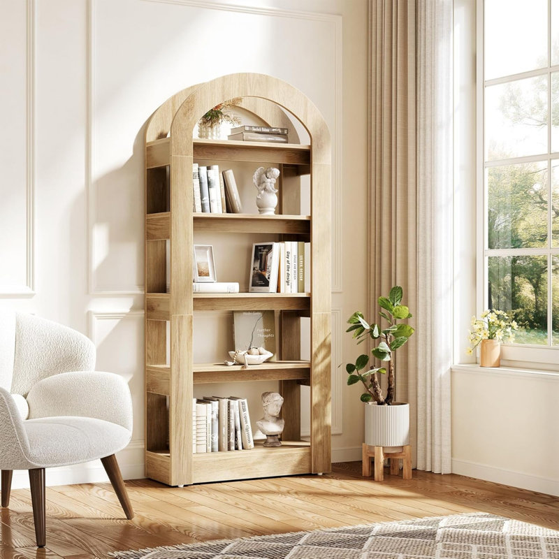 70.86" Tall 5-Tier Teak Arched Bookshelf