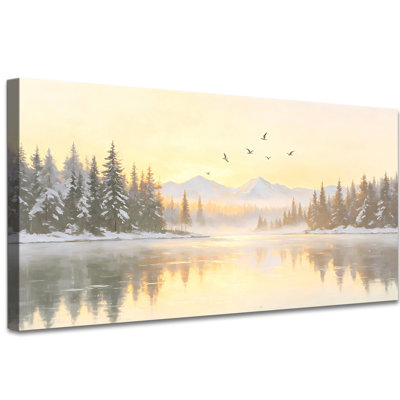 Tableau sur toile représentant une rivière enneigée en hiver, paysage rustique et neutre de forêt enneigée, grande toile décorative pour salon, chambre ou décoration de Noël, 61 x 119 cm (24 x 47 pouces).