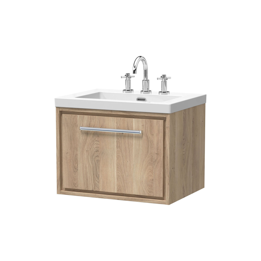 B&Q - Lille Wall Hung Single Drawer Contemporary Vanity Unit With 3 Tap Hole Basin In Bleached Oak613 X 462mm - Image 2