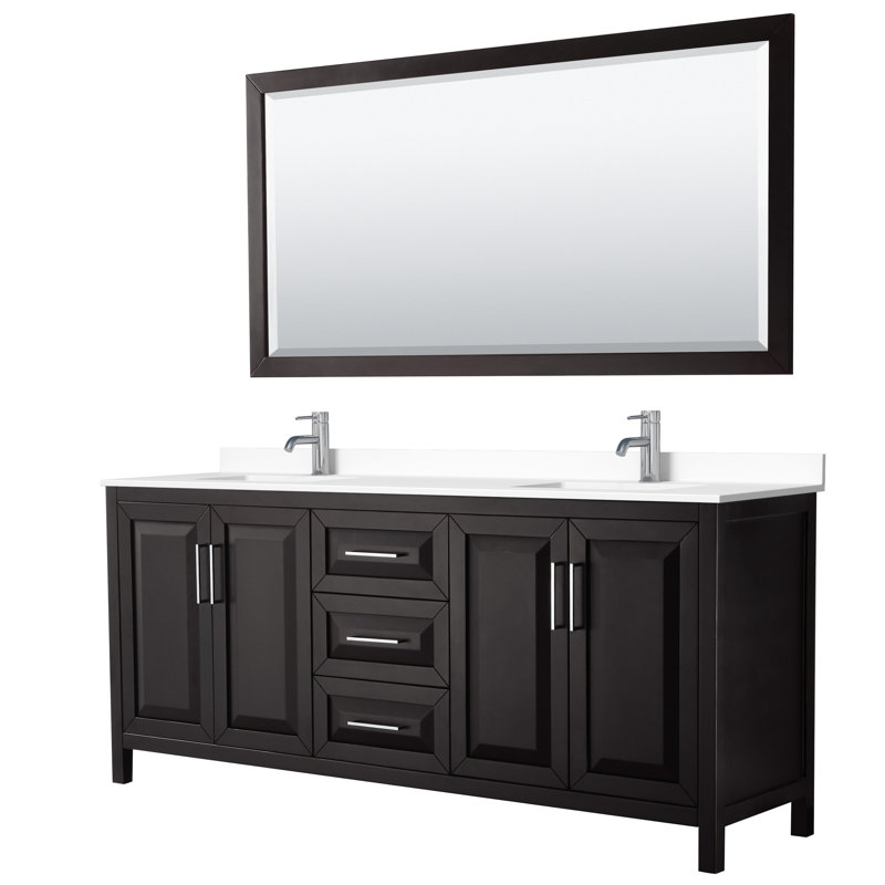 Daria 72" Double Bathroom Vanity Set with Mirror, Dark Blue, Brushed Gold, 80"